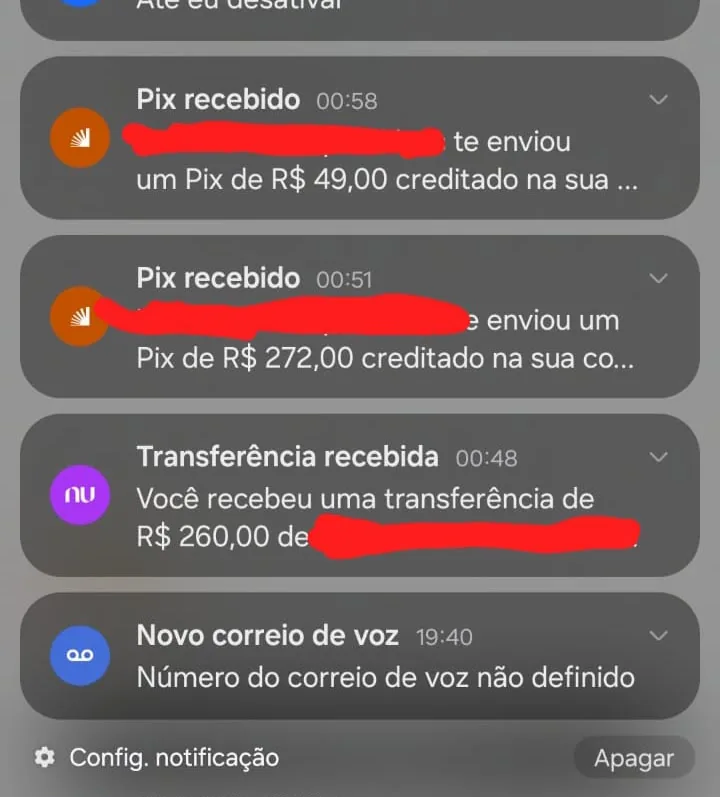 Registro de Pix recebidos ao longo do dia
