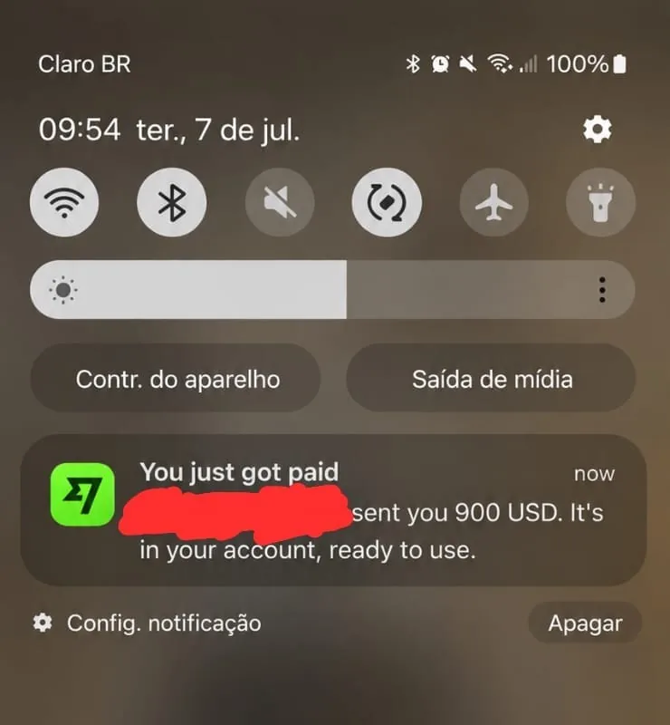 Depoimento de aluno — notificação de pagamento em dólar