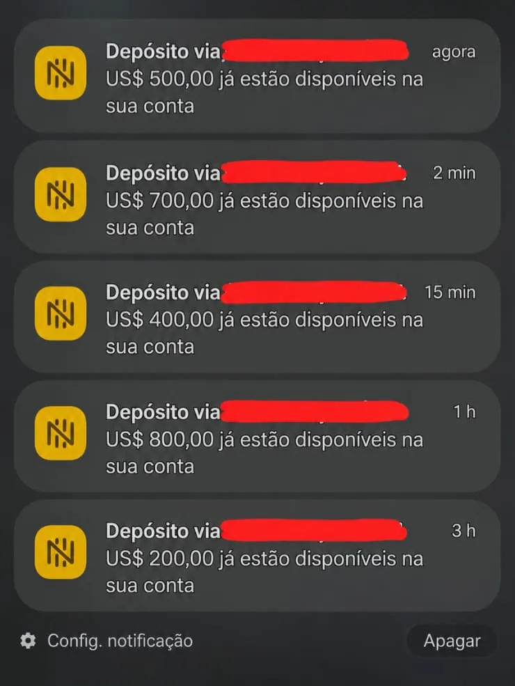 Registro de depósitos em dólar recebidos