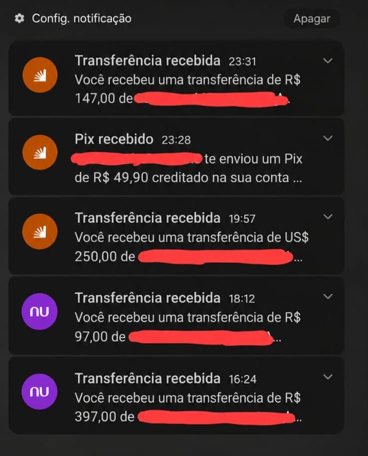 Registro de Pix recebido em real