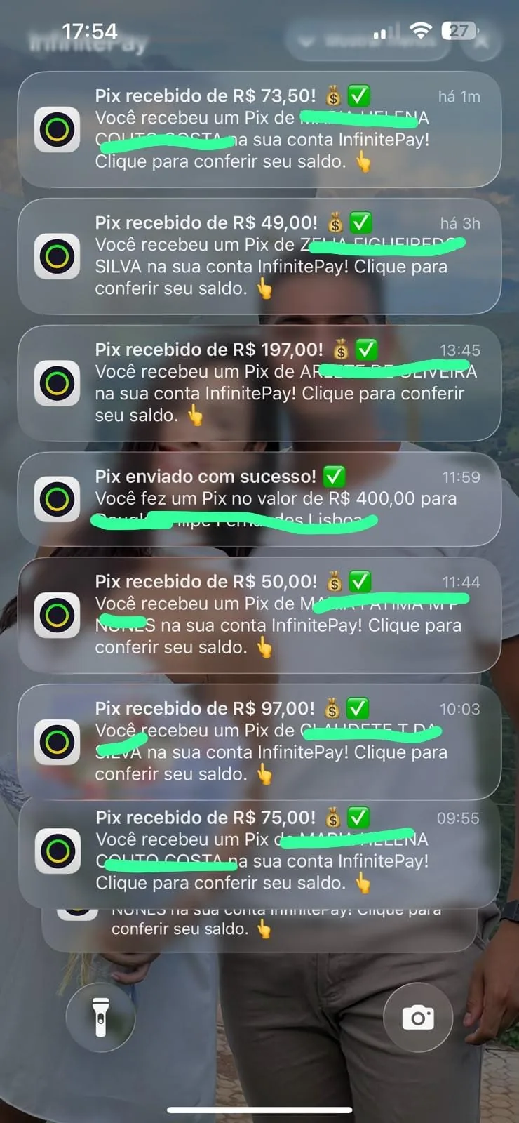 Depoimento de aluno — lista de Pix recebidos