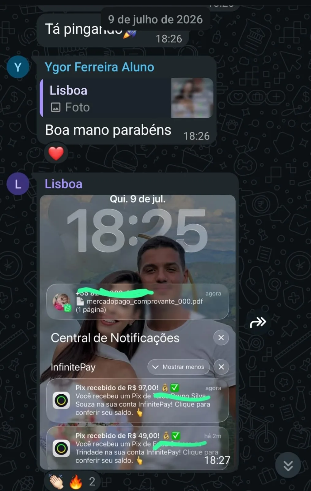 Depoimento de aluno — comprovante e mensagens