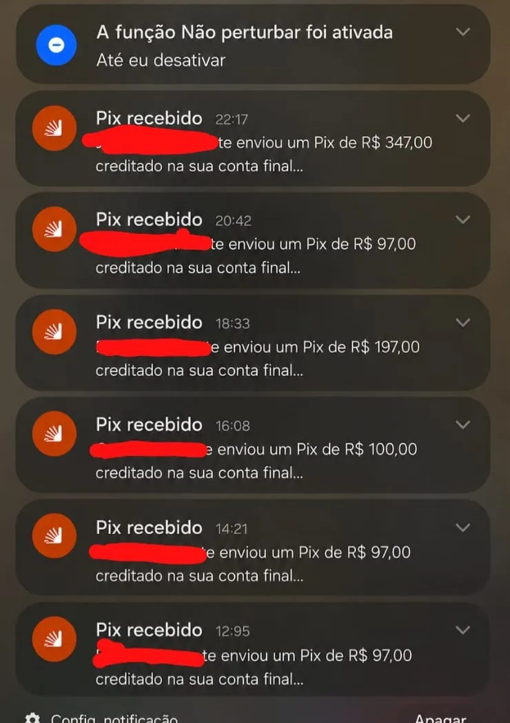 Registro de Pix recebidos e transferências